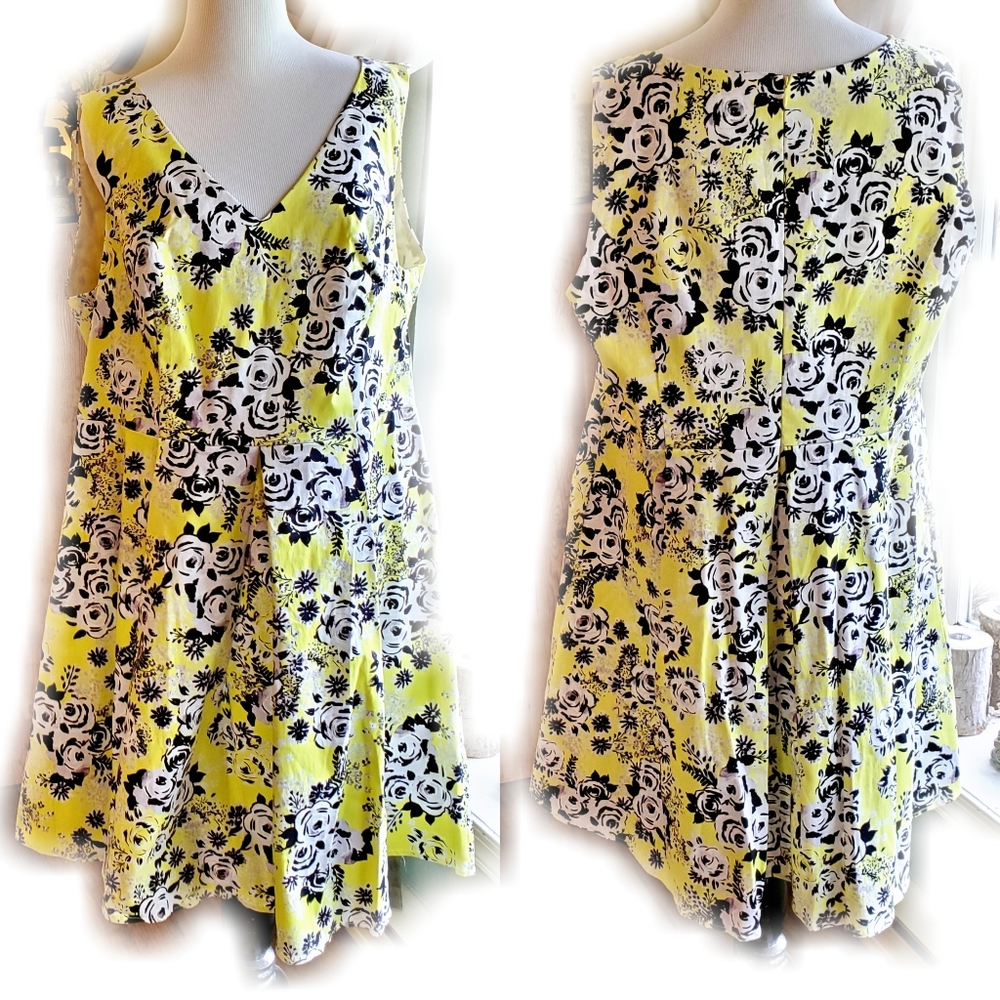 Moon | Retro Yellow, B&W Floral A-line Midi Dress